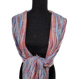 Womens Shawl Scarf Red Multicolor Bohemian Knit with Fringe 27x76" Long